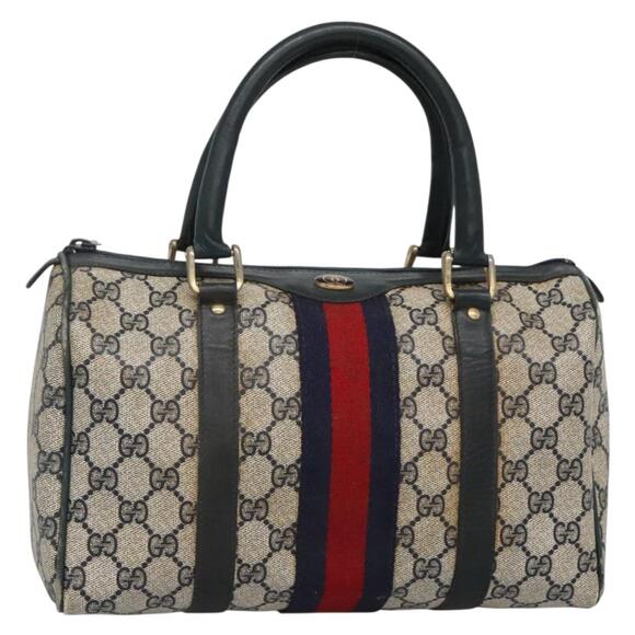 GUCCI GG Supreme Sherry Line Hand Bag Pvc Navy Gold Red - Picture 1 of 16
